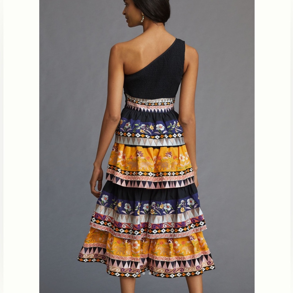 🐘Anthropologie Embroidered Midi Dress One-Shoulder Tiered Dress New 8 Black - Picture 4 of 15